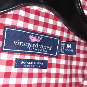 Boys red gingham whale shirt.